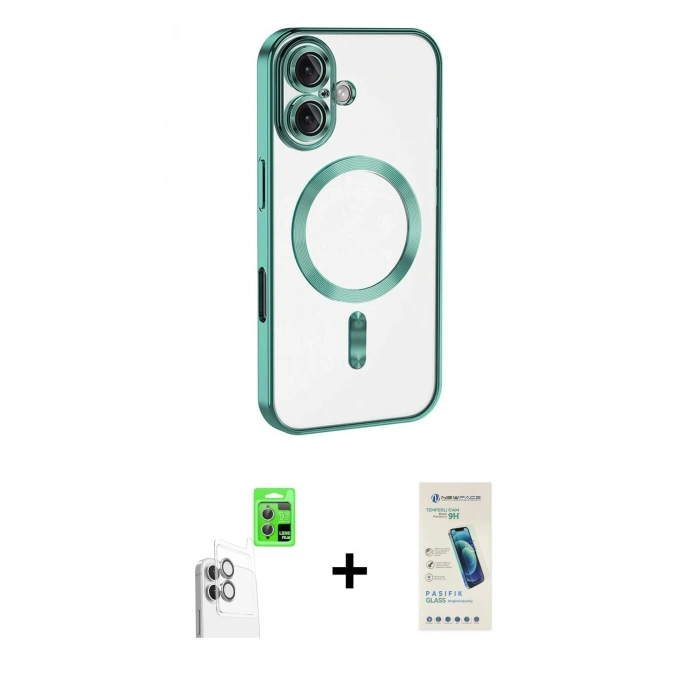 MARSİLYAN™- iPhone 16 Plus Kılıf Nova Işık Özel Seri - Şeffaf Pasifik Cam Ekran Koruyucu + Raze Metal Kamera Lens - BZ