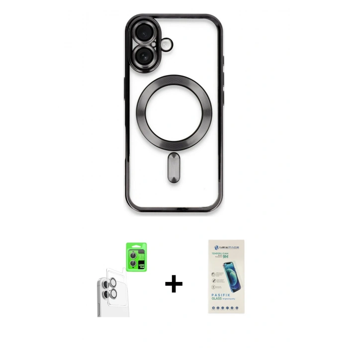 MARSİLYAN™- iPhone 16 Plus Kılıf Nova Işık Özel Seri - Şeffaf Pasifik Cam Ekran Koruyucu + Raze Metal Kamera Lens - BZ