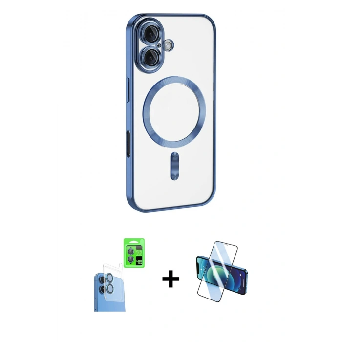 MARSİLYAN™- iPhone 16 Plus Kılıf Nova Işık Özel Seri - Siyah 3D Antistatik Cam Ekran Koruyucu + Raze Metal Kamera Lens - LT
