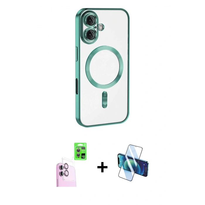 MARSİLYAN™- iPhone 16 Plus Kılıf Nova Işık Özel Seri - Siyah 3D Antistatik Cam Ekran Koruyucu + Raze Metal Kamera Lens - PE