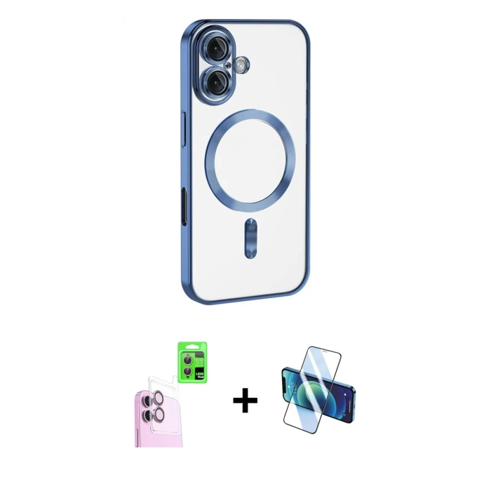 MARSİLYAN™- iPhone 16 Plus Kılıf Nova Işık Özel Seri - Siyah 3D Antistatik Cam Ekran Koruyucu + Raze Metal Kamera Lens - PE