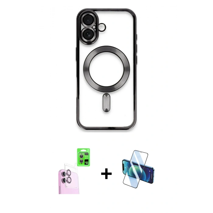 MARSİLYAN™- iPhone 16 Plus Kılıf Nova Işık Özel Seri - Siyah 3D Antistatik Cam Ekran Koruyucu + Raze Metal Kamera Lens - PE
