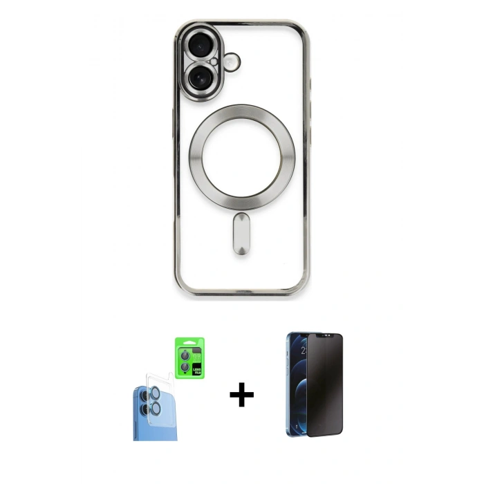 MARSİLYAN™- iPhone 16 Plus Kılıf Nova Işık Özel Seri - Siyah 3D Antistatik Hayalet Cam Ekran Koruyucu + Raze Metal Kamera Lens - LT