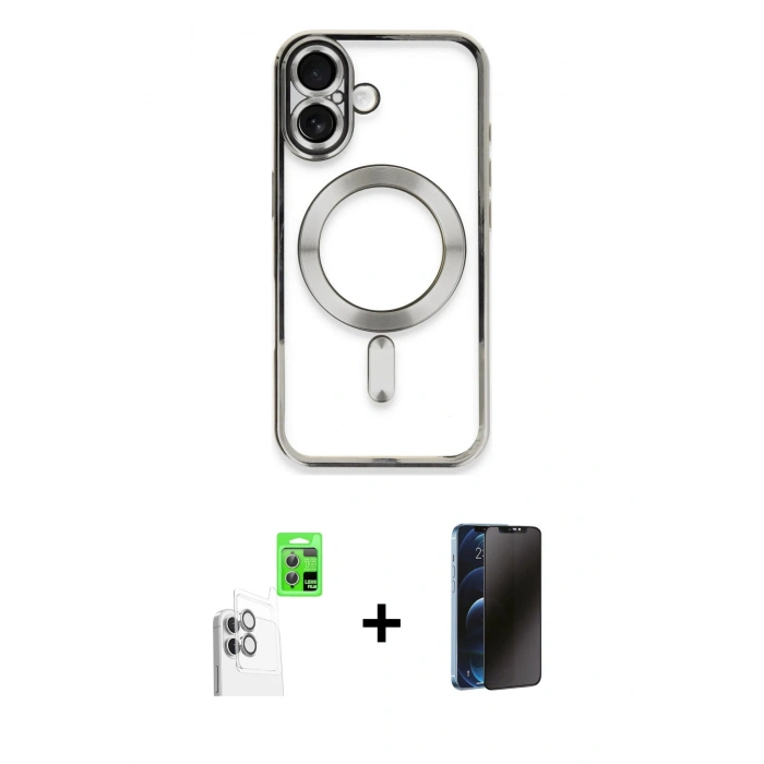 MARSİLYAN™- iPhone 16 Plus Kılıf Nova Işık Özel Seri - Siyah 3D Antistatik Hayalet Cam Ekran Koruyucu + Raze Metal Kamera Lens - BZ