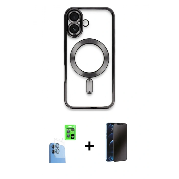 MARSİLYAN™- iPhone 16 Plus Kılıf Nova Işık Özel Seri - Siyah 3D Antistatik Hayalet Cam Ekran Koruyucu + Raze Metal Kamera Lens - LT