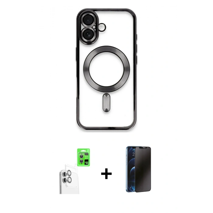 MARSİLYAN™- iPhone 16 Plus Kılıf Nova Işık Özel Seri - Siyah 3D Antistatik Hayalet Cam Ekran Koruyucu + Raze Metal Kamera Lens - BZ