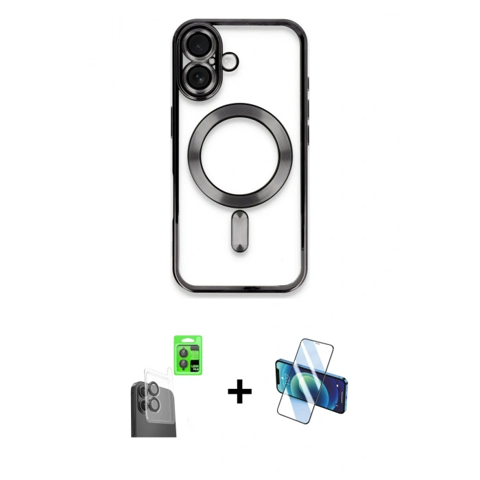 MARSİLYAN™- iPhone 16 Plus Kılıf Nova Işık Özel Seri - Siyah 3D Antistatik Seramik Nano Ekran Koruyucu + Raze Metal Kamera Lens - SH
