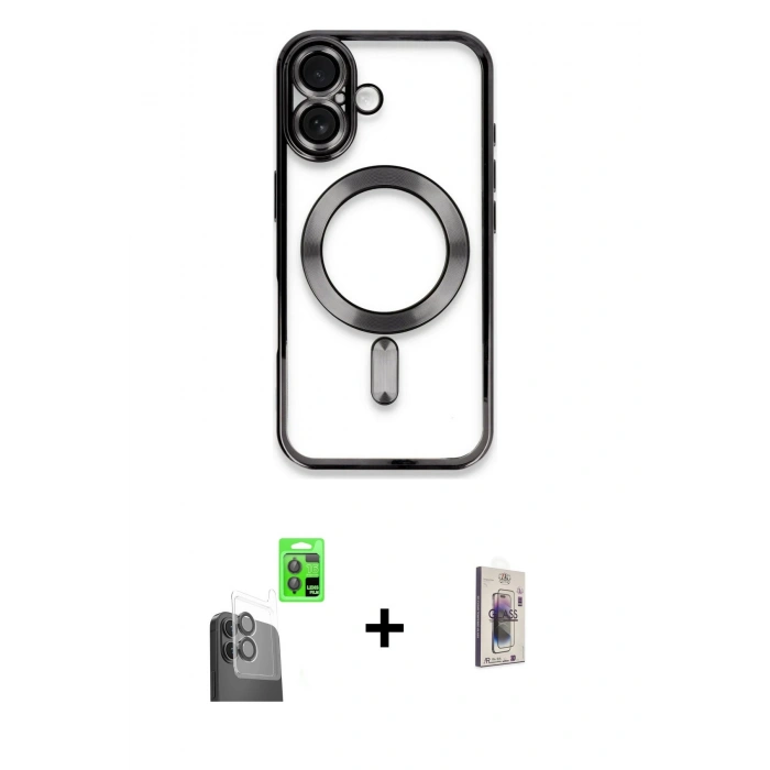 MARSİLYAN™- iPhone 16 Plus Kılıf Nova Işık Özel Seri - Siyah Bilvis 3D Cam Ekran Koruyucu + Raze Metal Kamera Lens - SH