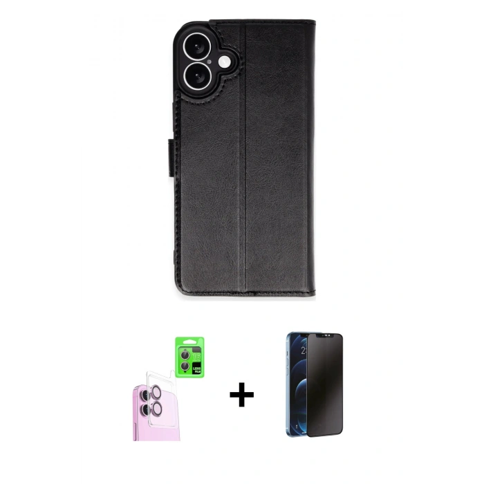 MARSİLYAN™- iPhone 16 Plus Kılıf Siluet Işık Serisi - Siyah 3D Antistatik Hayalet Cam Ekran Koruyucu + Raze Metal Kamera Lens - PE