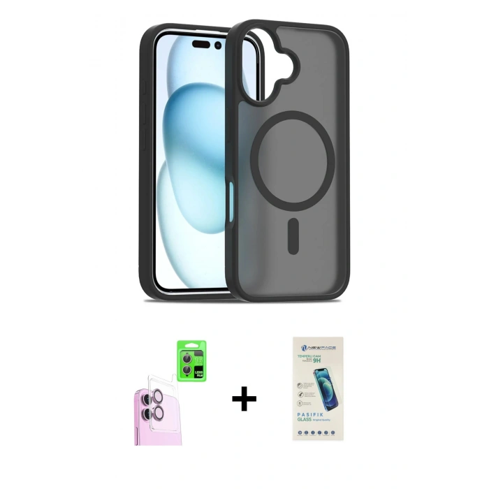 MARSİLYAN™- iPhone 16 Plus Kılıf Siluet Minimal Prime - Şeffaf Pasifik Cam Ekran Koruyucu + Raze Metal Kamera Lens - PE