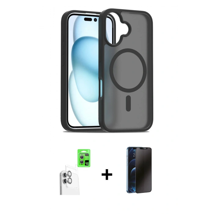 MARSİLYAN™- iPhone 16 Plus Kılıf Siluet Minimal Prime - Siyah 3D Antistatik Hayalet Cam Ekran Koruyucu + Raze Metal Kamera Lens - BZ