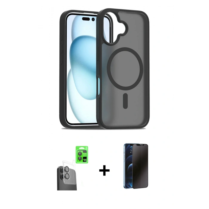 MARSİLYAN™- iPhone 16 Plus Kılıf Siluet Minimal Prime - Siyah 3D Antistatik Hayalet Cam Ekran Koruyucu + Raze Metal Kamera Lens - SH