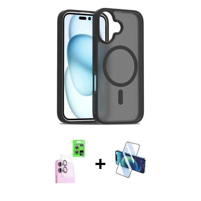 MARSİLYAN™- iPhone 16 Plus Kılıf Siluet Minimal Prime - Siyah 3D Antistatik Seramik Nano Ekran Koruyucu + Raze Metal Kamera Lens - PE