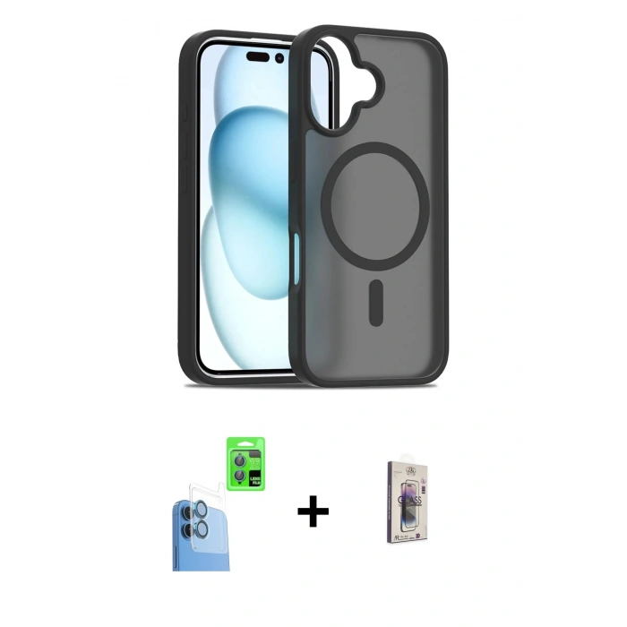 MARSİLYAN™- iPhone 16 Plus Kılıf Siluet Minimal Prime - Siyah Bilvis 3D Cam Ekran Koruyucu + Raze Metal Kamera Lens - LT