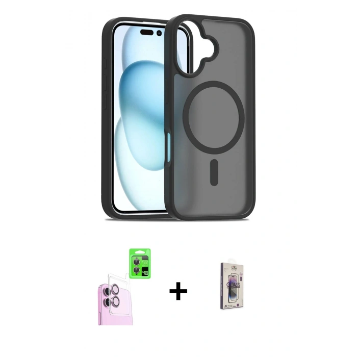 MARSİLYAN™- iPhone 16 Plus Kılıf Siluet Minimal Prime - Siyah Bilvis 3D Cam Ekran Koruyucu + Raze Metal Kamera Lens - PE