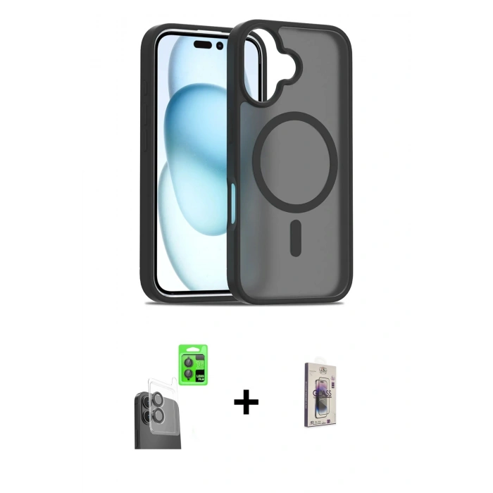 MARSİLYAN™- iPhone 16 Plus Kılıf Siluet Minimal Prime - Siyah Bilvis 3D Cam Ekran Koruyucu + Raze Metal Kamera Lens - SH