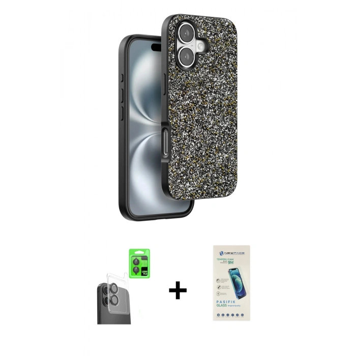 MARSİLYAN™- iPhone 16 Plus Kılıf Vadi Klasik Serisi - Şeffaf Pasifik Cam Ekran Koruyucu + Siyah Raze Metal Kamera Lens