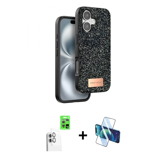 MARSİLYAN™- iPhone 16 Plus Kılıf Vadi Klasik Serisi - Siyah 3D Antistatik Cam Ekran Koruyucu + Raze Metal Kamera Lens - BZ