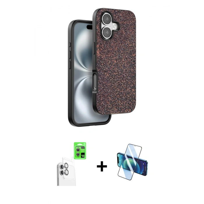 MARSİLYAN™- iPhone 16 Plus Kılıf Vadi Klasik Serisi - Siyah 3D Antistatik Cam Ekran Koruyucu + Raze Metal Kamera Lens - BZ