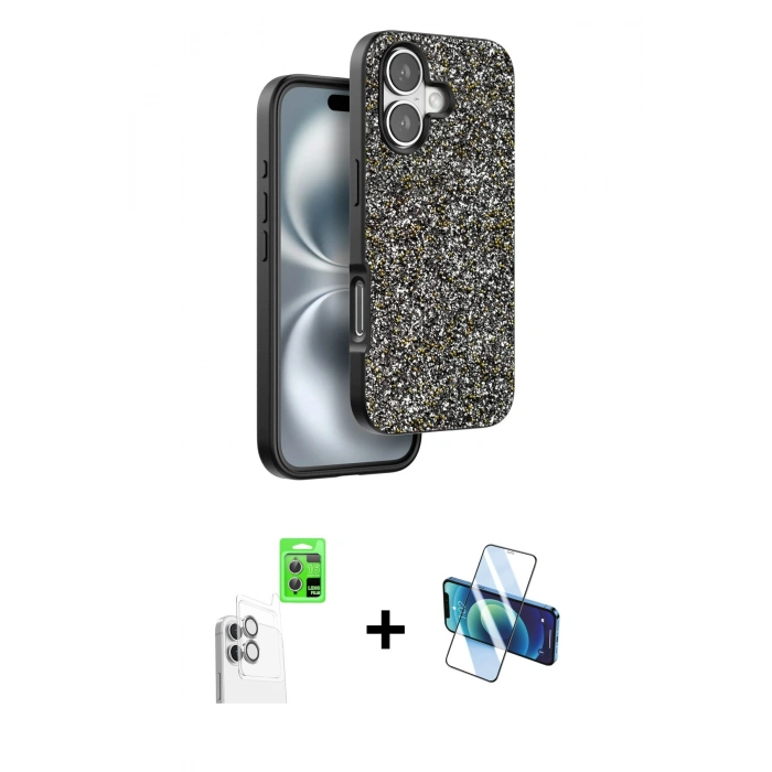 MARSİLYAN™- iPhone 16 Plus Kılıf Vadi Klasik Serisi - Siyah 3D Antistatik Cam Ekran Koruyucu + Raze Metal Kamera Lens - BZ