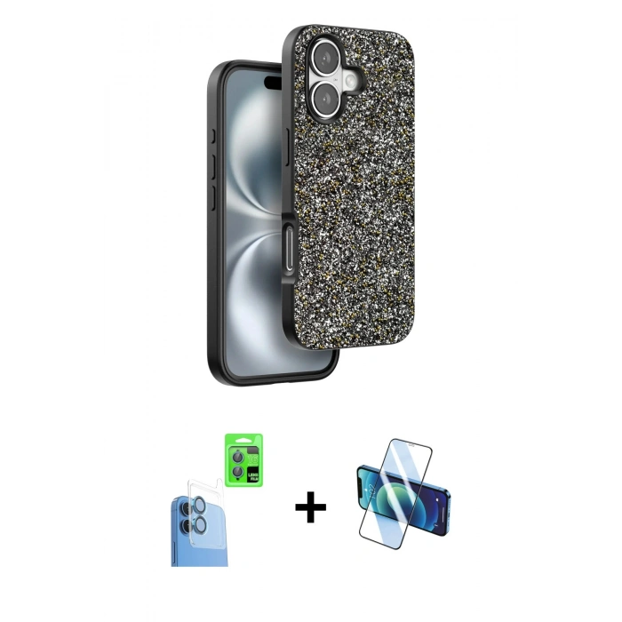 MARSİLYAN™- iPhone 16 Plus Kılıf Vadi Klasik Serisi - Siyah 3D Antistatik Cam Ekran Koruyucu + Raze Metal Kamera Lens - LT