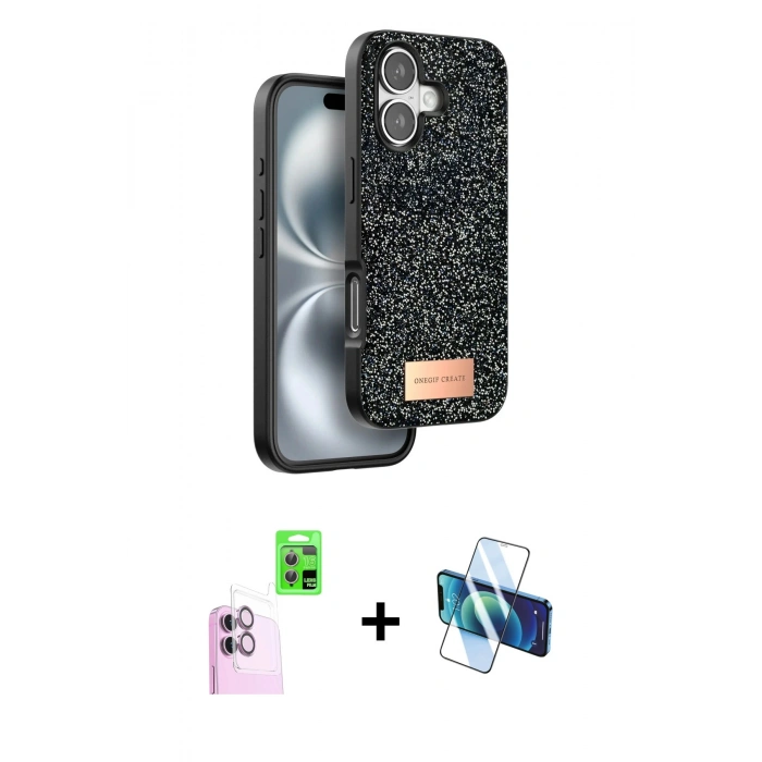 MARSİLYAN™- iPhone 16 Plus Kılıf Vadi Klasik Serisi - Siyah 3D Antistatik Cam Ekran Koruyucu + Raze Metal Kamera Lens - PE