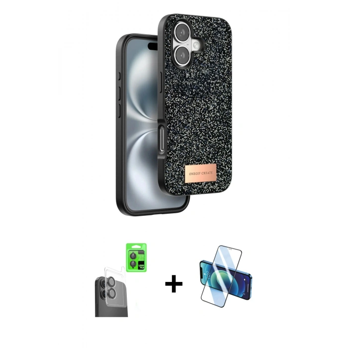 MARSİLYAN™- iPhone 16 Plus Kılıf Vadi Klasik Serisi - Siyah 3D Antistatik Cam Ekran Koruyucu + Siyah Raze Metal Kamera Lens