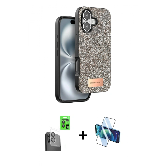 MARSİLYAN™- iPhone 16 Plus Kılıf Vadi Klasik Serisi - Siyah 3D Antistatik Cam Ekran Koruyucu + Siyah Raze Metal Kamera Lens