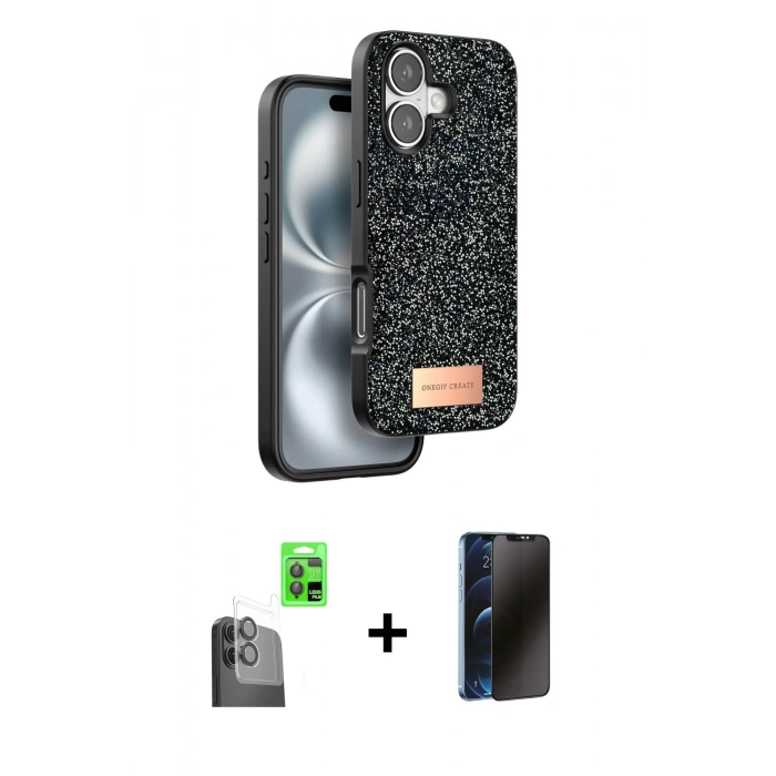 MARSİLYAN™- iPhone 16 Plus Kılıf Vadi Klasik Serisi - Siyah 3D Antistatik Hayalet Cam Ekran Koruyucu + Raze Metal Kamera Lens - SH