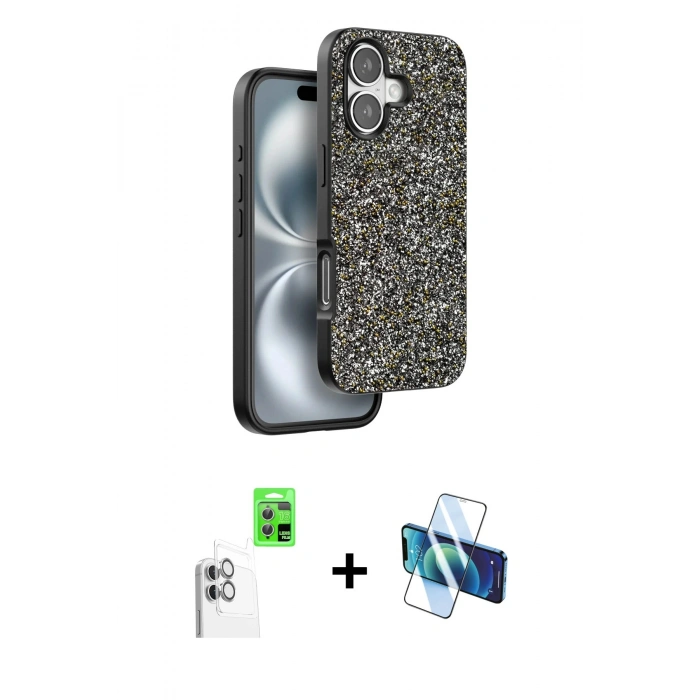 MARSİLYAN™- iPhone 16 Plus Kılıf Vadi Klasik Serisi - Siyah 3D Antistatik Seramik Nano Ekran Koruyucu + Beyaz Raze Metal Kamera Lens