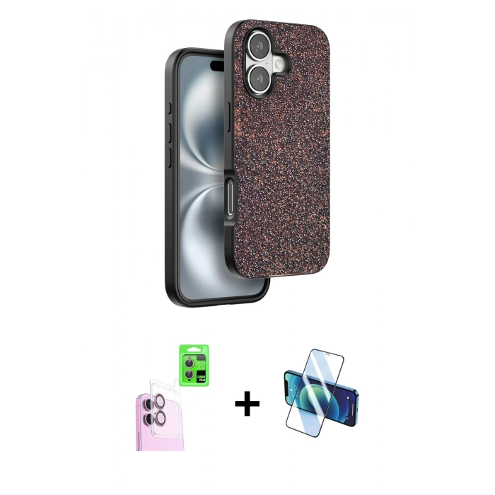 MARSİLYAN™- iPhone 16 Plus Kılıf Vadi Klasik Serisi - Siyah 3D Antistatik Seramik Nano Ekran Koruyucu + Raze Metal Kamera Lens - PE
