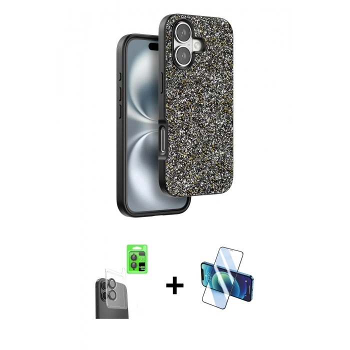 MARSİLYAN™- iPhone 16 Plus Kılıf Vadi Klasik Serisi - Siyah 3D Antistatik Seramik Nano Ekran Koruyucu + Raze Metal Kamera Lens - SH