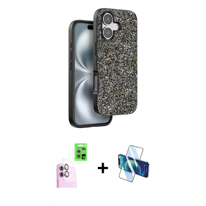 MARSİLYAN™- iPhone 16 Plus Kılıf Vadi Klasik Serisi - Siyah 3D Antistatik Seramik Nano Ekran Koruyucu + Raze Metal Kamera Lens - PE