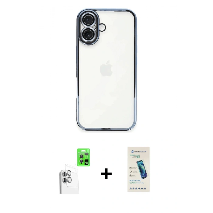 MARSİLYAN™- iPhone 16 Plus Kılıf Vadi Minimal - Şeffaf Pasifik Cam Ekran Koruyucu + Raze Metal Kamera Lens - BZ