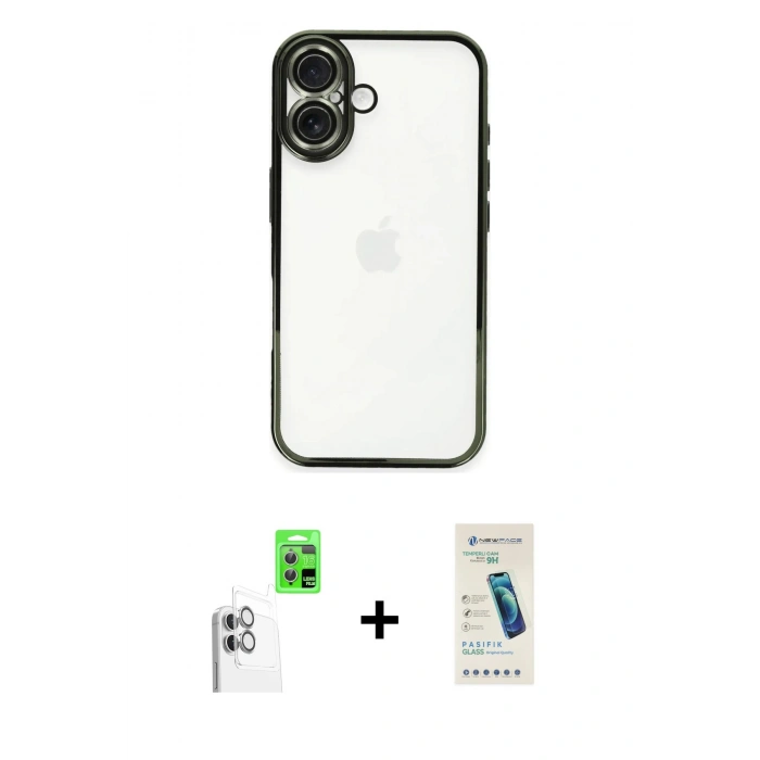 MARSİLYAN™- iPhone 16 Plus Kılıf Vadi Minimal - Şeffaf Pasifik Cam Ekran Koruyucu + Raze Metal Kamera Lens - BZ
