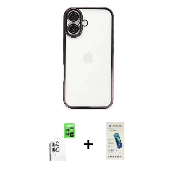 MARSİLYAN™- iPhone 16 Plus Kılıf Vadi Minimal - Şeffaf Pasifik Cam Ekran Koruyucu + Raze Metal Kamera Lens - BZ