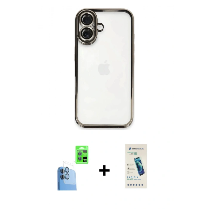 MARSİLYAN™- iPhone 16 Plus Kılıf Vadi Minimal - Şeffaf Pasifik Cam Ekran Koruyucu + Raze Metal Kamera Lens - LT