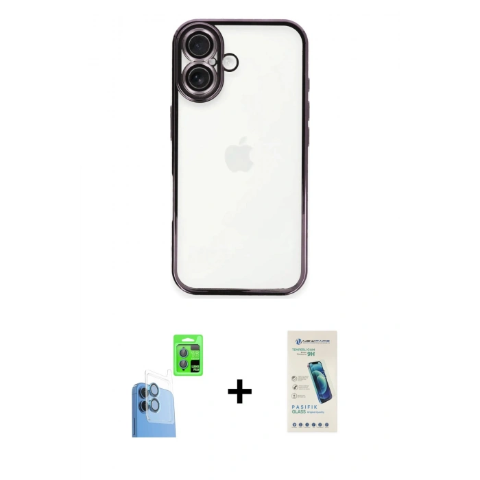 MARSİLYAN™- iPhone 16 Plus Kılıf Vadi Minimal - Şeffaf Pasifik Cam Ekran Koruyucu + Raze Metal Kamera Lens - LT