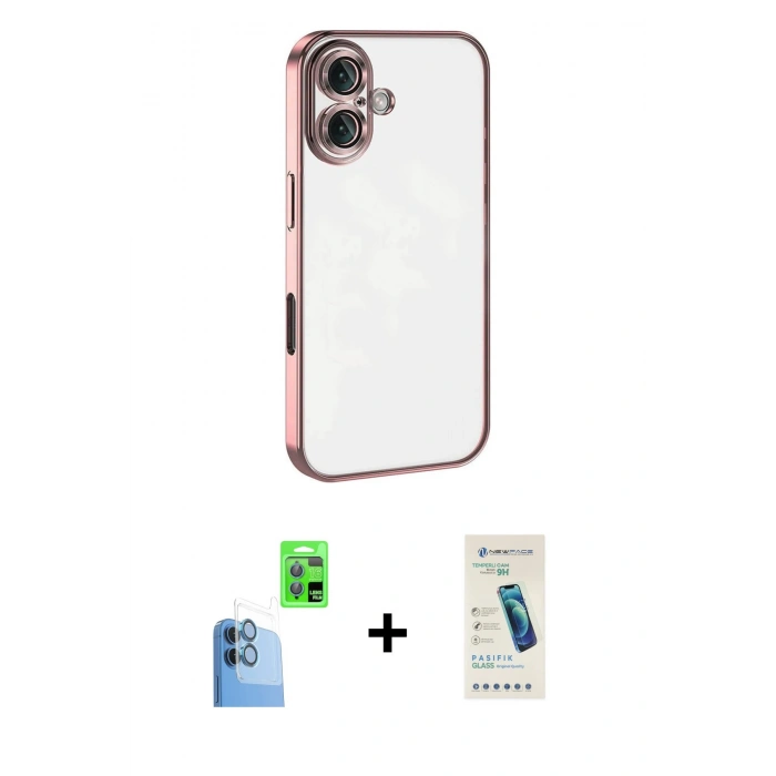 MARSİLYAN™- iPhone 16 Plus Kılıf Vadi Minimal - Şeffaf Pasifik Cam Ekran Koruyucu + Raze Metal Kamera Lens - LT