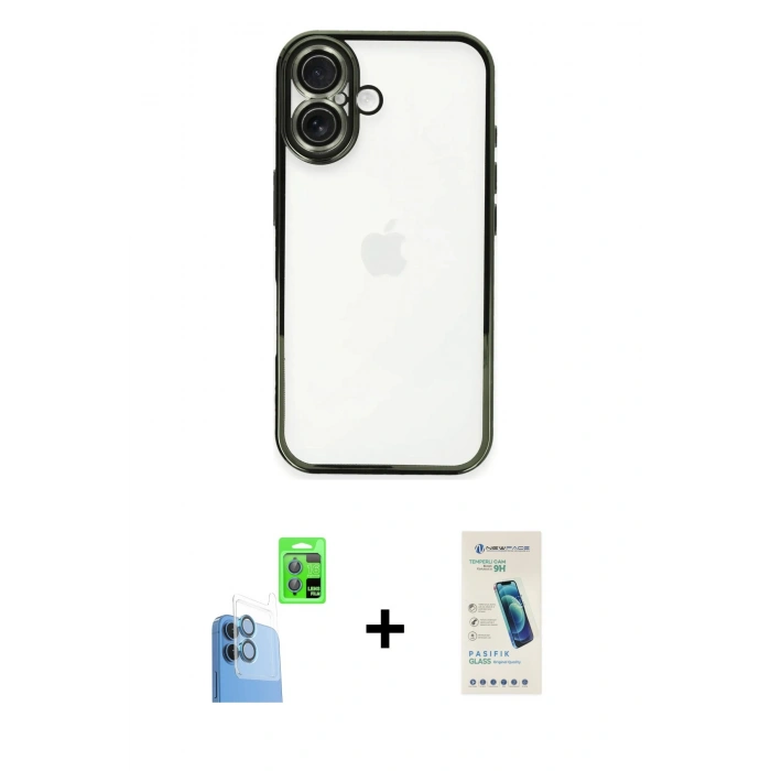MARSİLYAN™- iPhone 16 Plus Kılıf Vadi Minimal - Şeffaf Pasifik Cam Ekran Koruyucu + Raze Metal Kamera Lens - LT