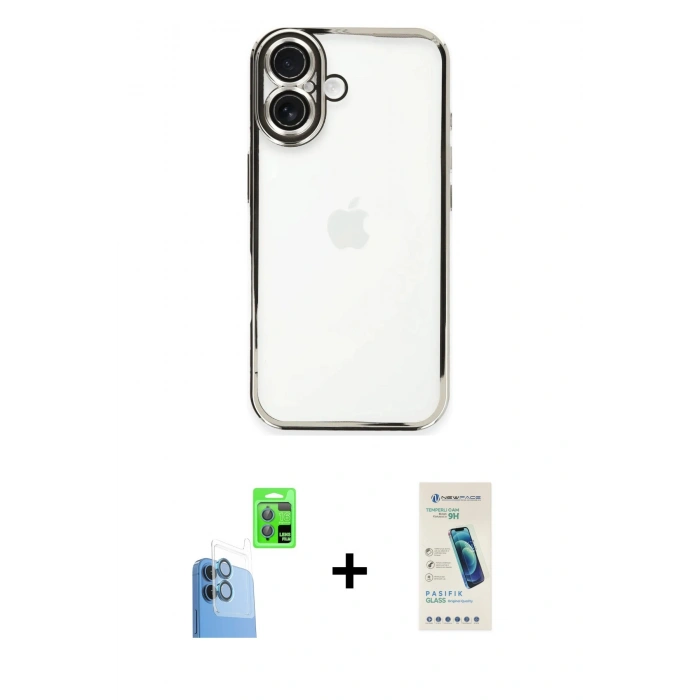 MARSİLYAN™- iPhone 16 Plus Kılıf Vadi Minimal - Şeffaf Pasifik Cam Ekran Koruyucu + Raze Metal Kamera Lens - LT
