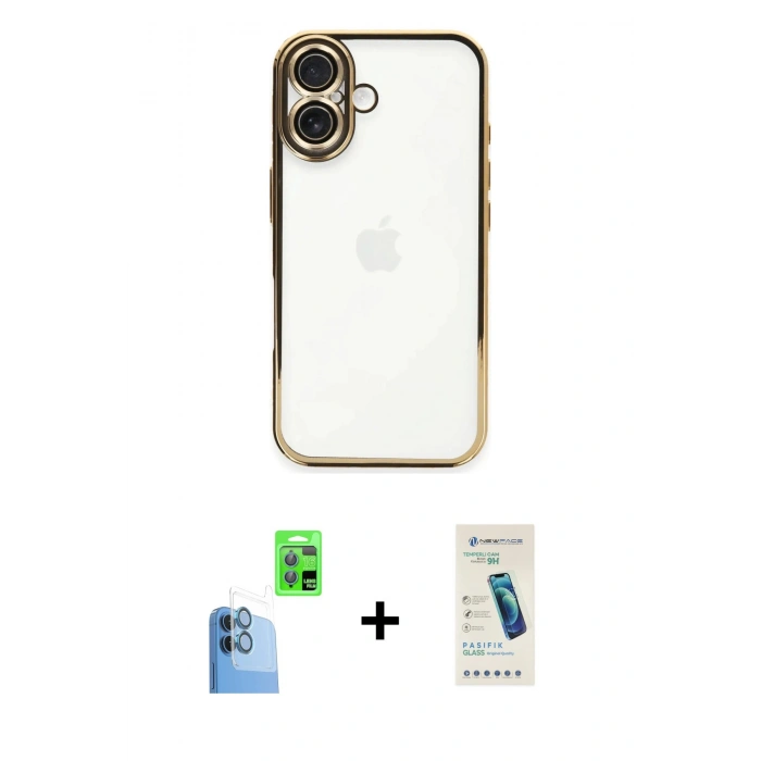 MARSİLYAN™- iPhone 16 Plus Kılıf Vadi Minimal - Şeffaf Pasifik Cam Ekran Koruyucu + Raze Metal Kamera Lens - LT