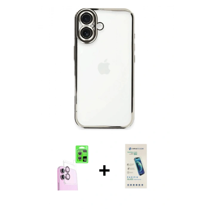 MARSİLYAN™- iPhone 16 Plus Kılıf Vadi Minimal - Şeffaf Pasifik Cam Ekran Koruyucu + Raze Metal Kamera Lens - PE