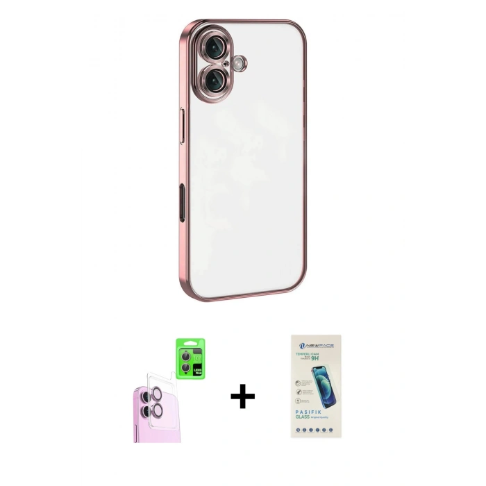 MARSİLYAN™- iPhone 16 Plus Kılıf Vadi Minimal - Şeffaf Pasifik Cam Ekran Koruyucu + Raze Metal Kamera Lens - PE