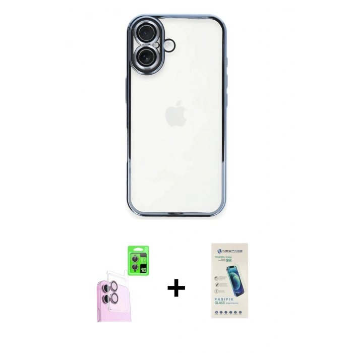 MARSİLYAN™- iPhone 16 Plus Kılıf Vadi Minimal - Şeffaf Pasifik Cam Ekran Koruyucu + Raze Metal Kamera Lens - PE