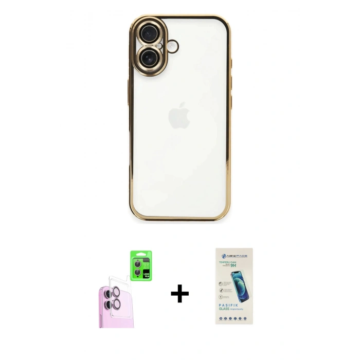 MARSİLYAN™- iPhone 16 Plus Kılıf Vadi Minimal - Şeffaf Pasifik Cam Ekran Koruyucu + Raze Metal Kamera Lens - PE