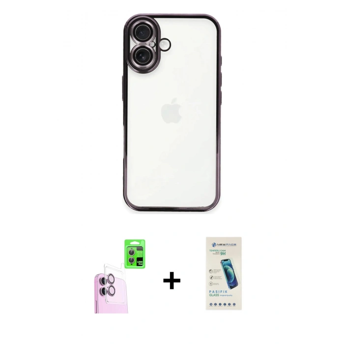 MARSİLYAN™- iPhone 16 Plus Kılıf Vadi Minimal - Şeffaf Pasifik Cam Ekran Koruyucu + Raze Metal Kamera Lens - PE