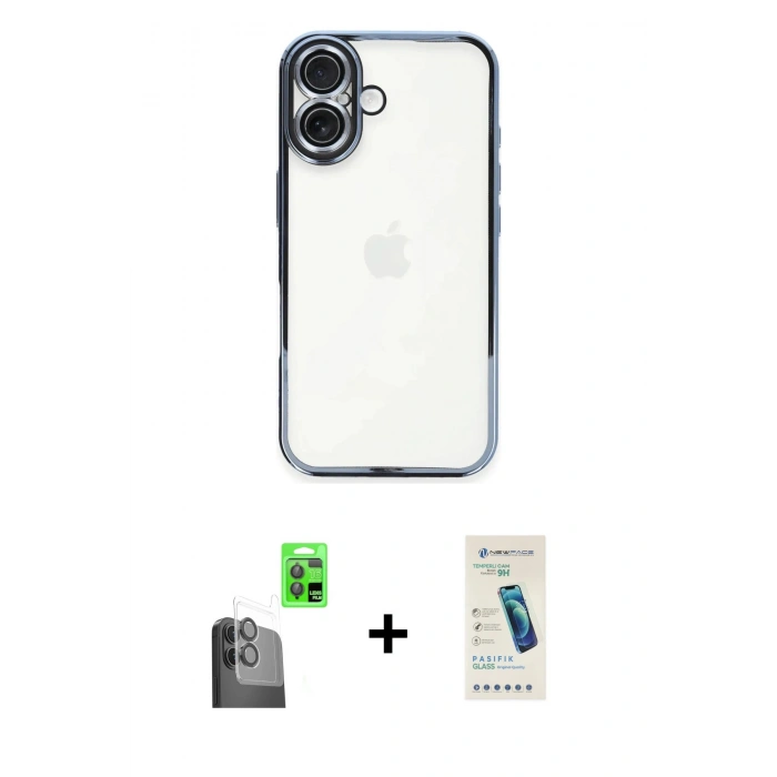 MARSİLYAN™- iPhone 16 Plus Kılıf Vadi Minimal - Şeffaf Pasifik Cam Ekran Koruyucu + Raze Metal Kamera Lens - SH