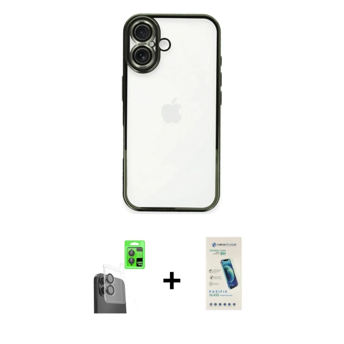 MARSİLYAN™- iPhone 16 Plus Kılıf Vadi Minimal - Şeffaf Pasifik Cam Ekran Koruyucu + Raze Metal Kamera Lens - SH