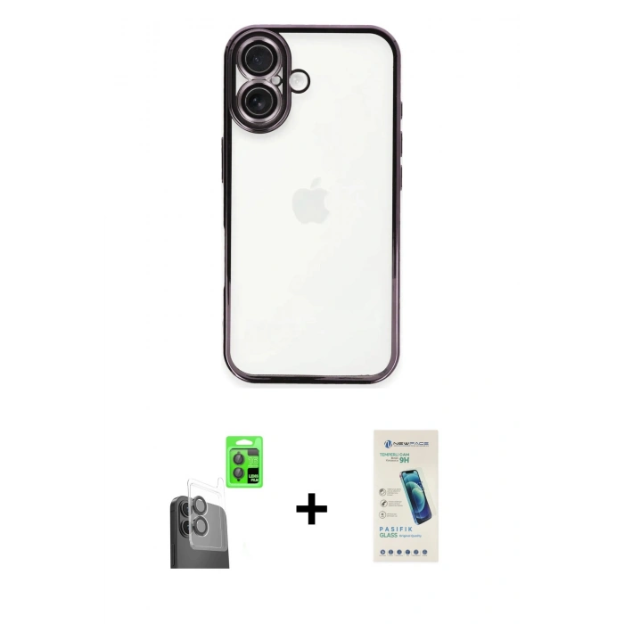 MARSİLYAN™- iPhone 16 Plus Kılıf Vadi Minimal - Şeffaf Pasifik Cam Ekran Koruyucu + Raze Metal Kamera Lens - SH